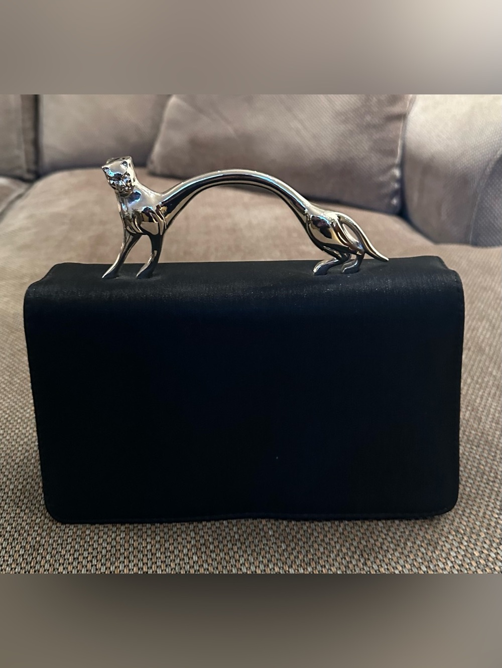 Vintage Style Black Satin Evening Clutch w Sculptural Silver Panther Cat Handle